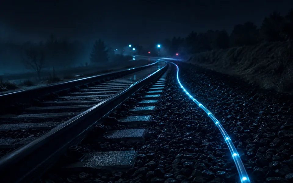 夜の線路沿いに光ファイバーが走るイメージ