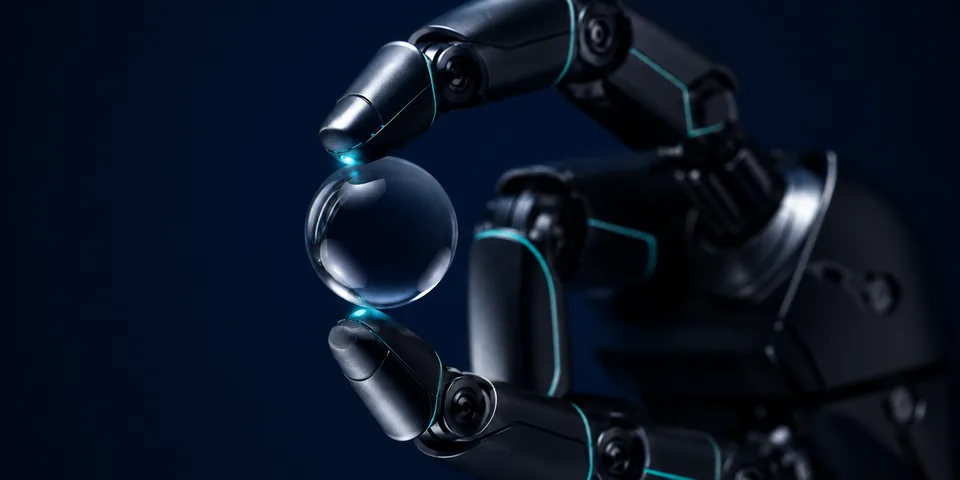 4本指ロボットハンドの指先に触覚センサーが光るイメージ