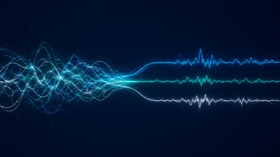 混ざり合った音声波形が話者ごとに分離していくイメージ